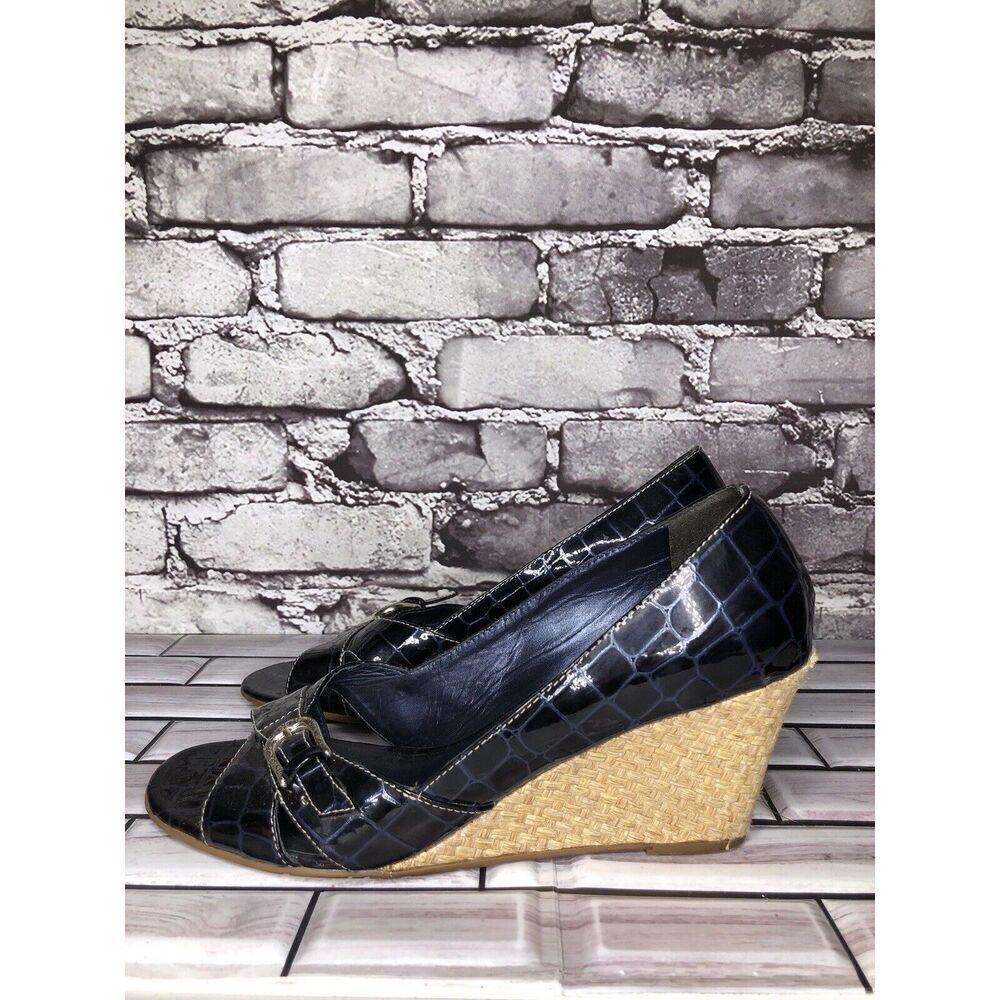Brighton Riva Blue Croc Patent Leather Espadrille High Wedge Women Sz 9M US/40EU - Picture 11 of 16